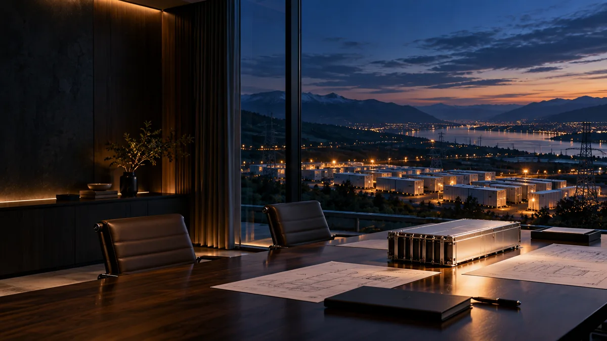 A dark boardroom with a battery module on the table